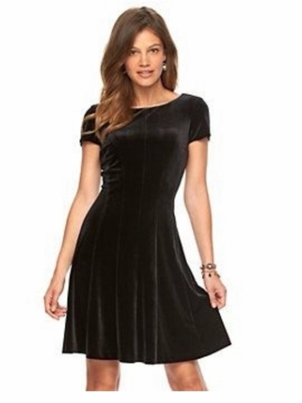 Chaps Ralph Lauren Womens Small Black Stretch Velvet Short Sleeve A-Line Dress S